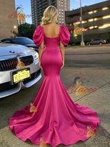 Fuchsia Satin Puff Sleeve Prom Dress