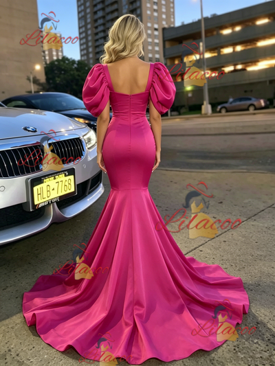 Fuchsia Satin Puff Sleeve Prom Dress