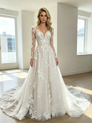 White Tulle Lace Appliques Wedding Dress