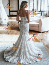 White Mermaid Lace Spaghetti Straps Wedding Dress