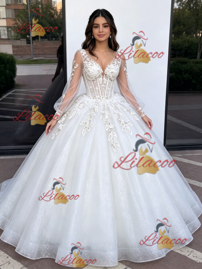 White Tulle V-neck Appliques Quinceanera Dress