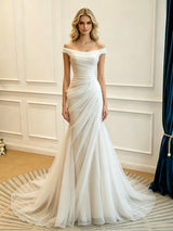 White Mermaid Tulle Off the Shoulder Split Wedding Dress