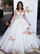 White Tulle V-neck Appliques Quinceanera Dress