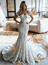 White Mermaid Lace Puff Sleeve Wedding Dress