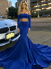 Blue Mermaid Two Piece Long Sleeve Prom Dress