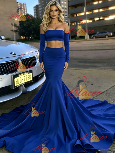 Blue Mermaid Two Piece Long Sleeve Prom Dress