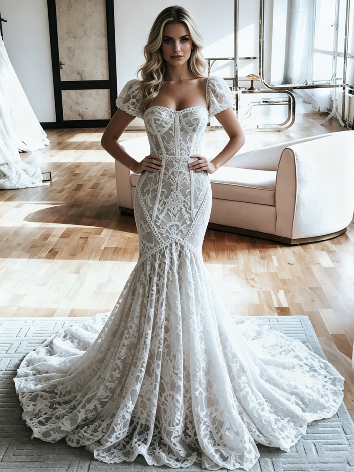 White Mermaid Lace Puff Sleeve Wedding Dress