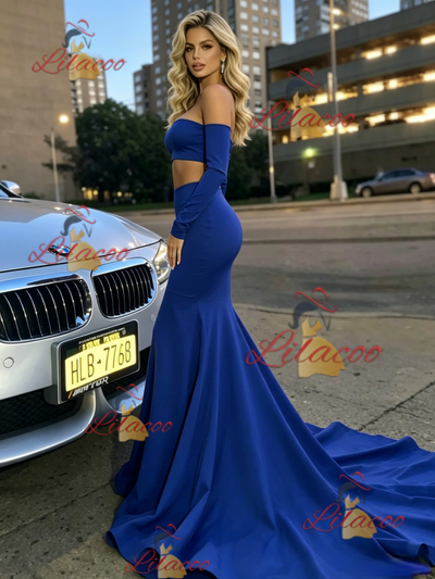 Blue Mermaid Two Piece Long Sleeve Prom Dress
