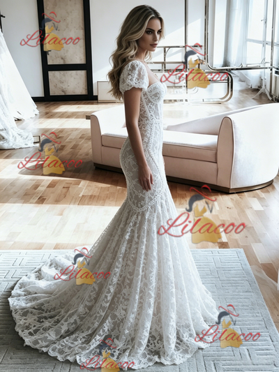 White Mermaid Lace Puff Sleeve Wedding Dress