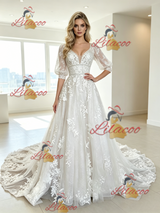 White Tulle Appliques V-neck Puff Sleeve Wedding Dress