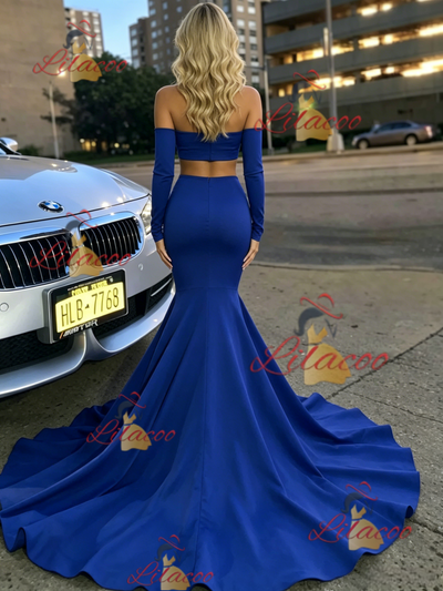 Blue Mermaid Two Piece Long Sleeve Prom Dress