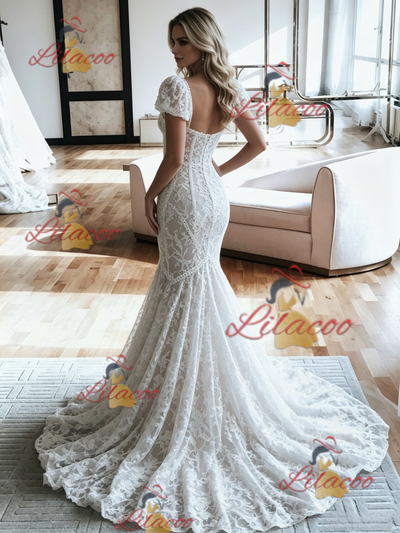 White Mermaid Lace Puff Sleeve Wedding Dress