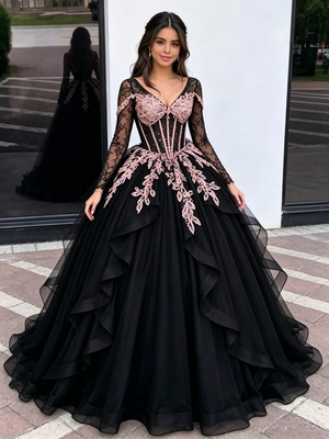 Black Tulle Long Sleeve V-neck Appliques Quinceanera Dress