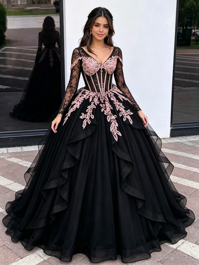 Black Tulle Long Sleeve V-neck Appliques Quinceanera Dress