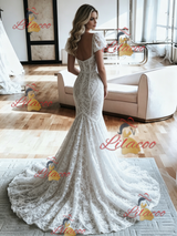 White Mermaid Lace Puff Sleeve Wedding Dress