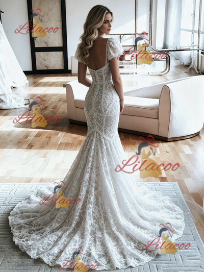 White Mermaid Lace Puff Sleeve Wedding Dress