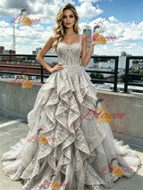 Gray Tulle Lace Straps Prom Dress