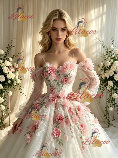 White Tulle Straps Appliques Wedding Dress