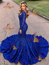 Blue Mermaid Long Sleeve Prom Dress