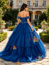 Blue Tulle Off the Shoulder Beading Quinceanera Dress