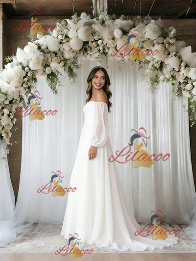White Long Sleeve Off the Shoulder Wedding Dress