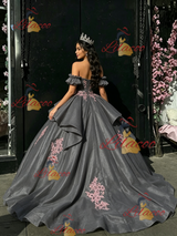 Gray Tulle Off the Shoulder Appliques Quinceanera Dress