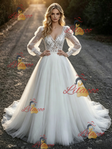 White Tulle Lace Long Sleeve Wedding Dress