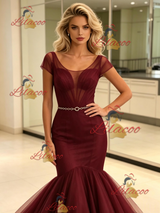 Burgundy Mermaid Tulle Cap Sleeve Prom Dress