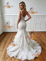 White Mermaid Appliques V-neck Wedding Dress