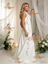 Beige White V-neck 3D Flower Wedding Dress