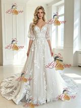 White Tulle Appliques V-neck Puff Sleeve Wedding Dress