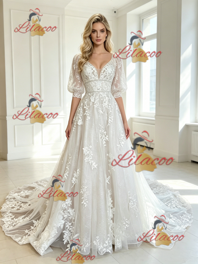 White Tulle Appliques V-neck Puff Sleeve Wedding Dress