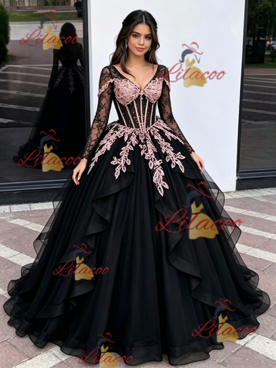 Black Tulle Long Sleeve V-neck Appliques Quinceanera Dress