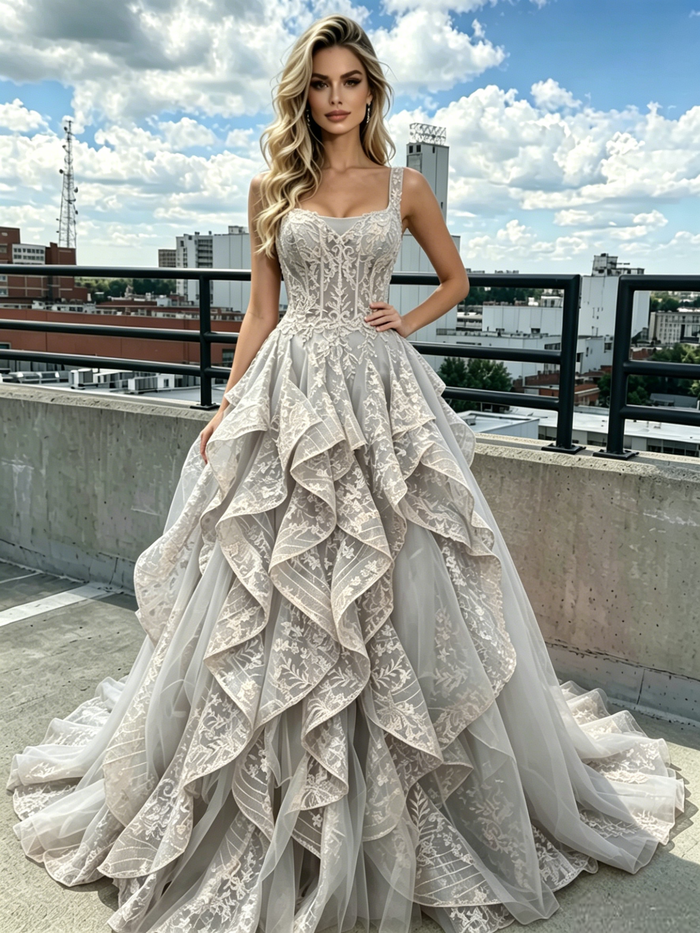 Gray Tulle Lace Straps Prom Dress
