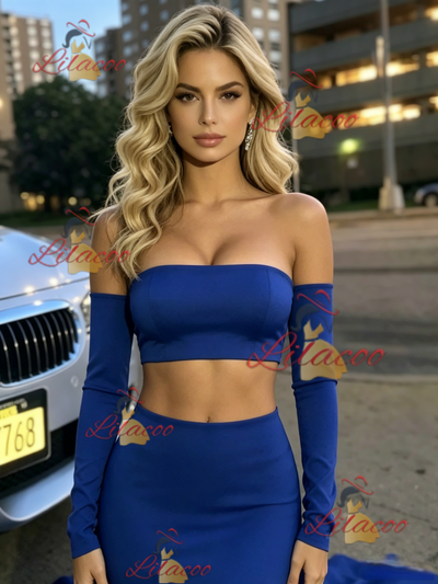 Blue Mermaid Two Piece Long Sleeve Prom Dress