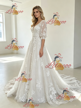 White Tulle Appliques V-neck Puff Sleeve Wedding Dress
