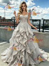 Gray Tulle Lace Straps Prom Dress