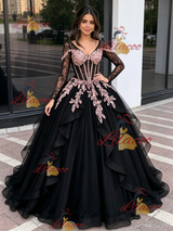 Black Tulle Long Sleeve V-neck Appliques Quinceanera Dress