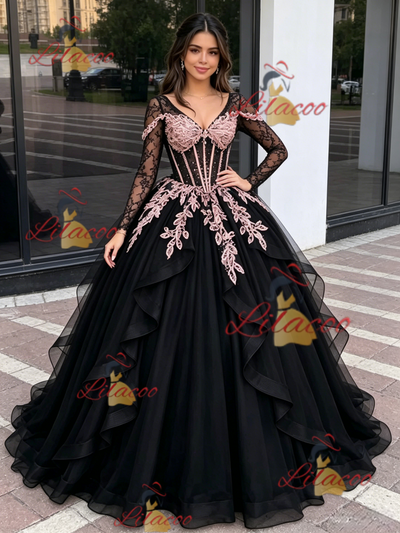 Black Tulle Long Sleeve V-neck Appliques Quinceanera Dress