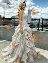 Gray Tulle Lace Straps Prom Dress