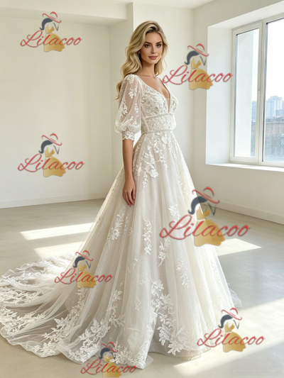 White Tulle Appliques V-neck Puff Sleeve Wedding Dress