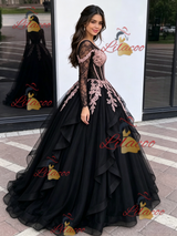 Black Tulle Long Sleeve V-neck Appliques Quinceanera Dress