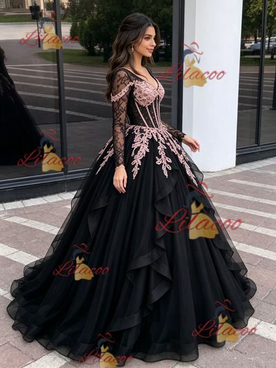 Black Tulle Long Sleeve V-neck Appliques Quinceanera Dress