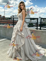 Gray Tulle Lace Straps Prom Dress