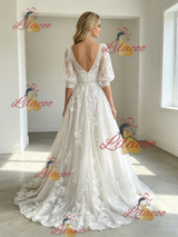 White Tulle Appliques V-neck Puff Sleeve Wedding Dress