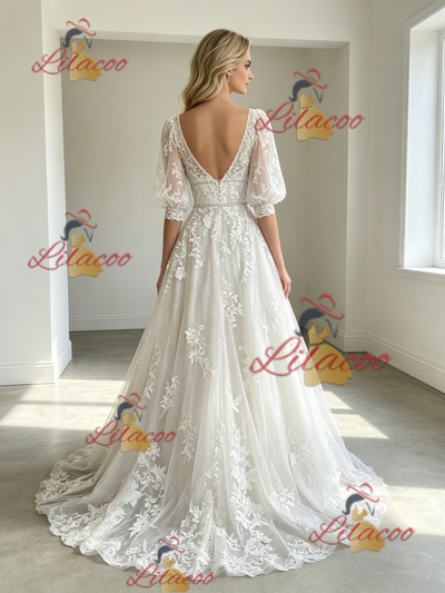 White Tulle Appliques V-neck Puff Sleeve Wedding Dress