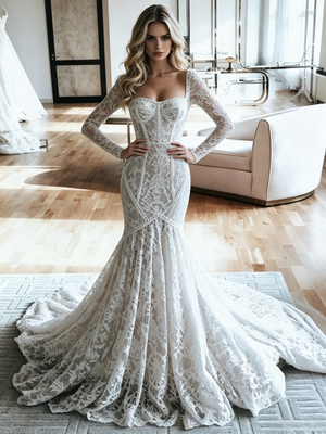 White Mermaid Lace Long Sleeve Wedding Dress
