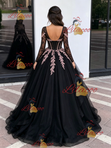Black Tulle Long Sleeve V-neck Appliques Quinceanera Dress