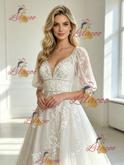 White Tulle Appliques V-neck Puff Sleeve Wedding Dress