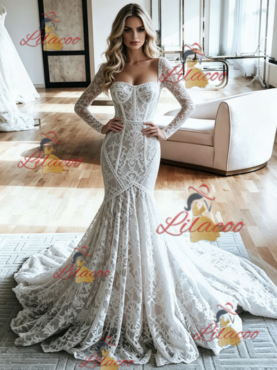 White Mermaid Lace Long Sleeve Wedding Dress
